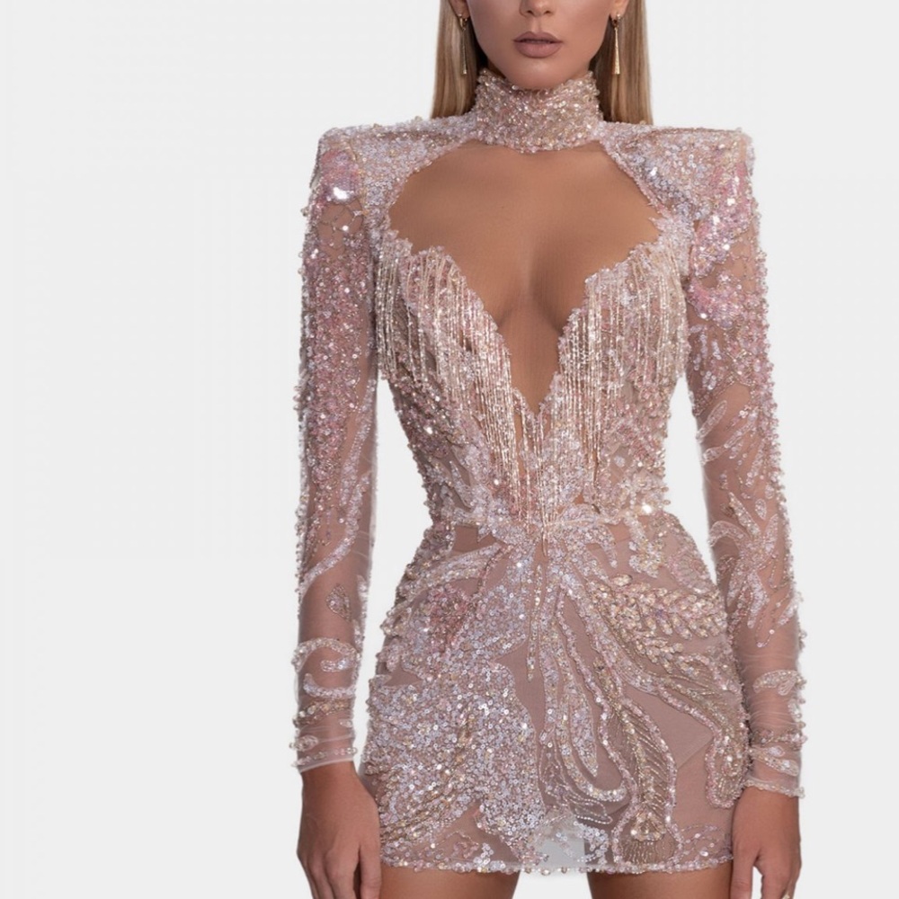 Albina Dyla Beaded Crystal Mini Dress, size XS